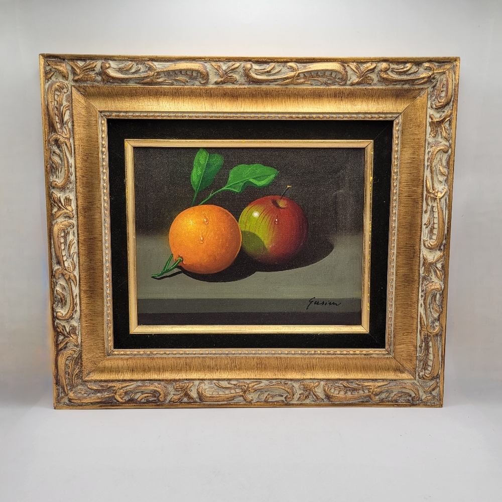 Vintage Original Oil Painting by Antonio Gusini Still Life Apple & Orange Framed